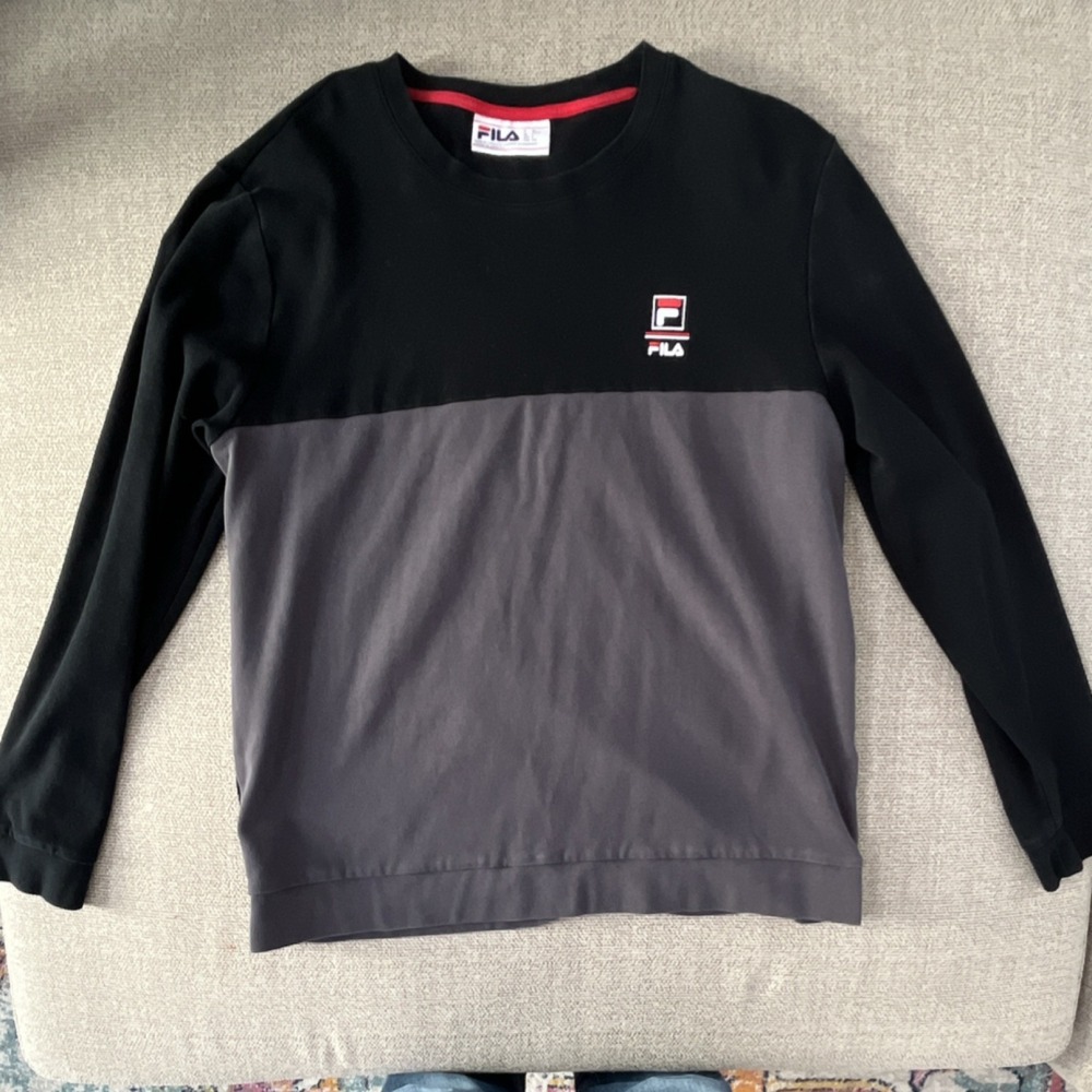 FILA Men's Colorblock Pullover Sweatshirt Black Gray Crew Neck‎ Size L